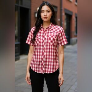 Wrangler Red and White Plaid Casual Shirt with marble snap buttons